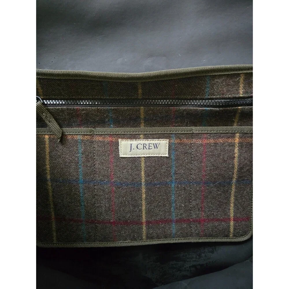 J Crew Wool Blend Brown Plaid Messenger Laptop Bag Adjustable Straps
